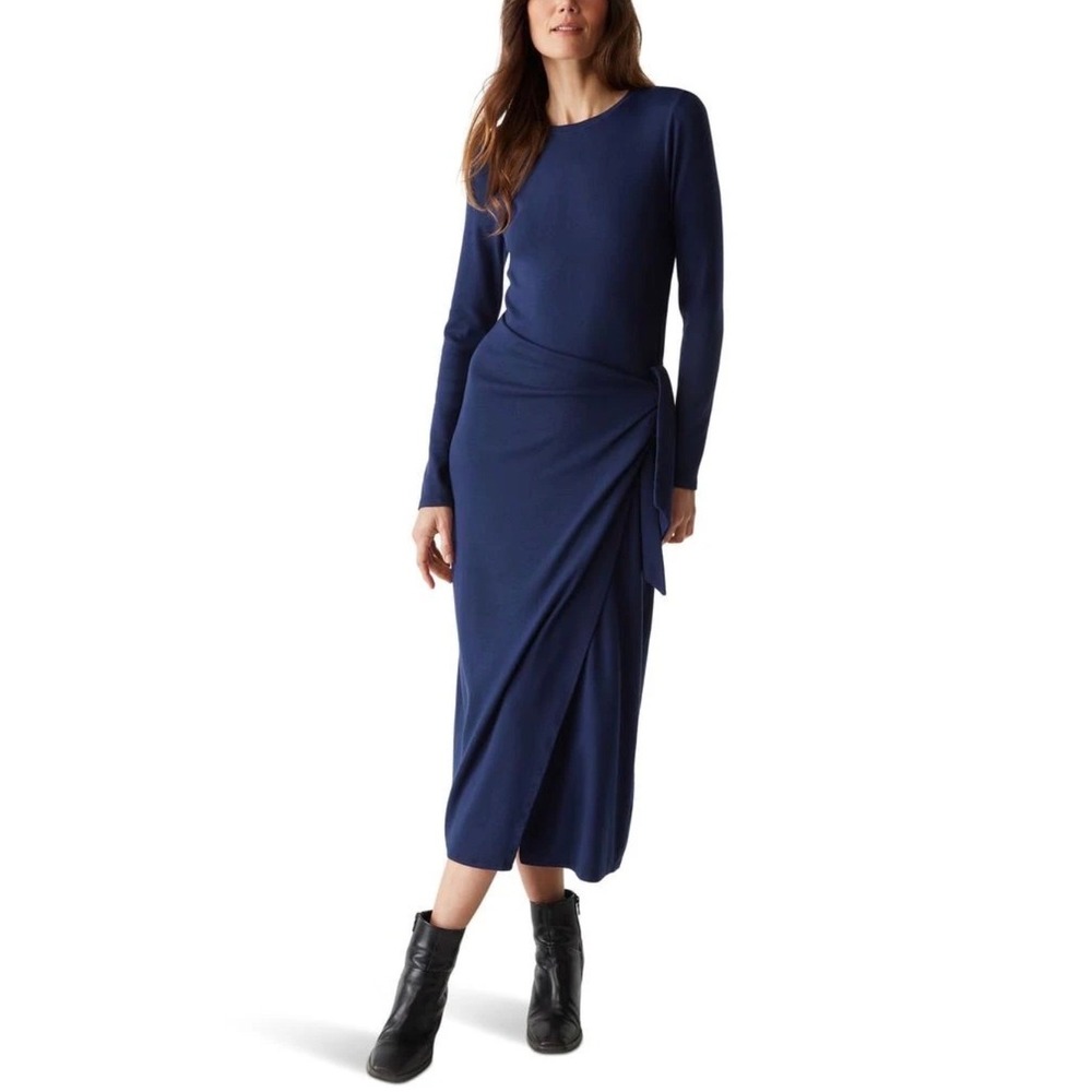 Michael Stars Women's SP Midi Dress Navy Blue Ribbed Long Sleeve Wrap Tie‎